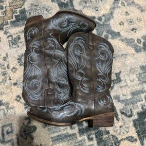 Brown and Blue Embroidered Cowboy Boots